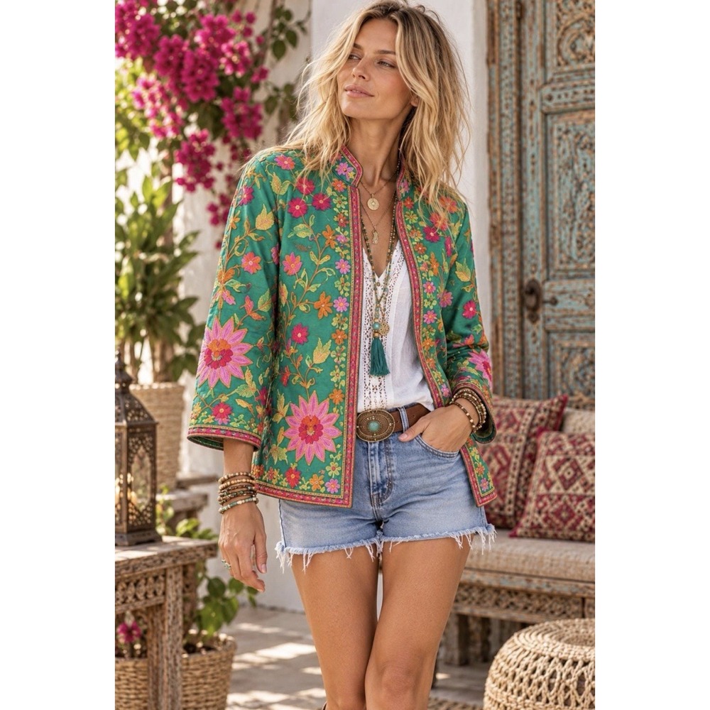 Soft Surroundings Embroidered Jade Floral Jacket Size Small F11